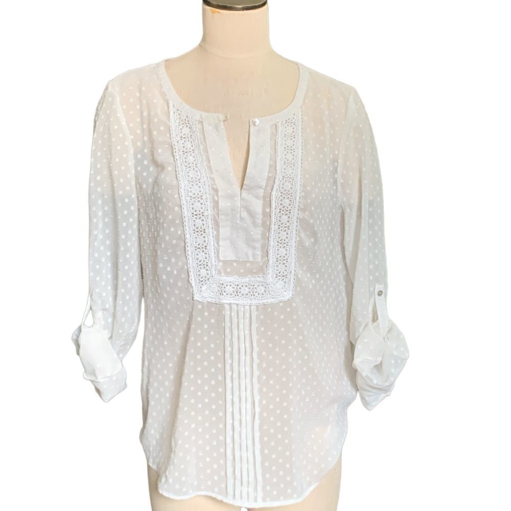 Daniel Rainn White Swiss‎ Dot Embroidered Lace Roll Tab Blouse L #99A